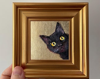 Peinture à la feuille d'or encadrée - Oeuvre d'art miniature unique à l'huile de chat noir pour la décoration intérieure