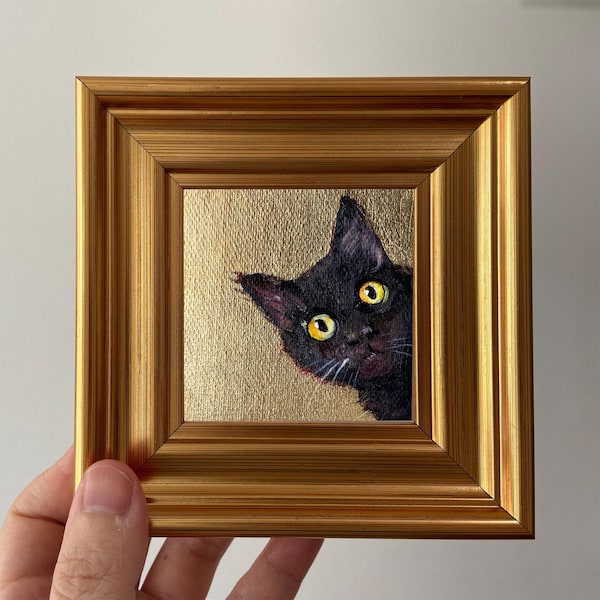 Quadro con cornice e foglia d'oro - Miniatura unica di un gatto nero ad olio per l'arredamento di casa