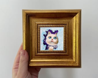 Miniature Cat Oil Painting: Framed Desk Art, 4x4 Gold Frame