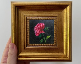 Red Floral Wall Decorations | Miniature Oil Paintings | Framed Botanical Art for Decor