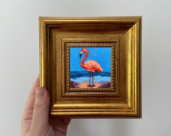 Pink Flamingo Miniature Oil Painting: Handcrafted Framed Art, 4x4 inch, Small Wall Decor