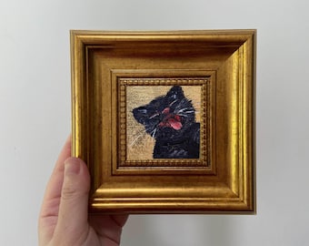 Miniatur gerahmtes Kätzchen-Ölgemälde: Schwarze Katzenkunst, Goldrahmen
