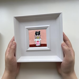 Pinturas al óleo originales con marco pequeño, miniaturas de animales adorables, divertidas pinturas de animales para decorar habitaciones y mesas.