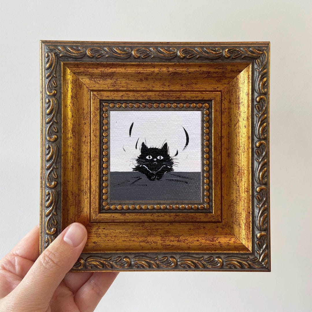 Miniature Cat Oil Painting in Gold Frame: Playful Desk or Wall Art ...