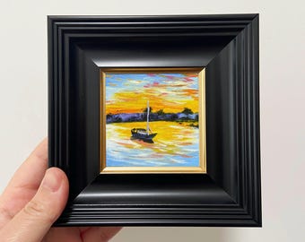 額装されたミニチュア油絵：4×4インチの風景画、手作りの装飾、小さな壁飾り