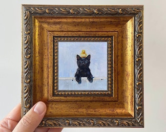 Handmade Miniature Oil Painting | Black Cat Art in Gold Frame