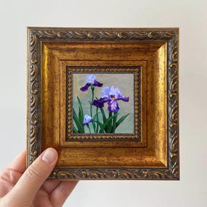 Iris Floral Oil Painting: Small Framed Botanical Artwork, Ready to Hang, Handmade Gifts