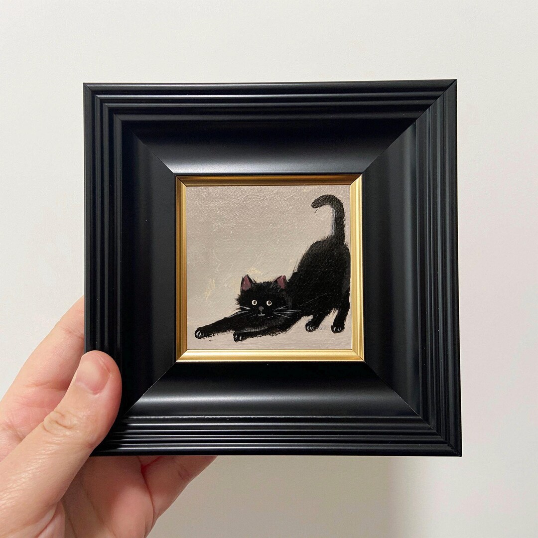 Whimsical Cat Oil Painting: Original Miniature Art in Gold Frame - Etsy