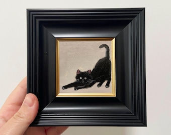 Whimsical Cat Oil Painting: Original Miniature Art in Gold Frame