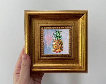 Ingelijst mini-ananasolieverfschilderij: keukenmuurkunst, originele kleine kunstwerken, handgemaakte cadeaus