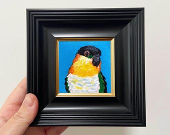 Pintura al óleo de un loro azul: Miniatura enmarcada de arte aviar, 4 x 4 pulgadas.