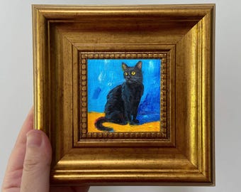 Origineel ingelijst olieverfschilderij zwarte kat | Uniek handgeschilderd miniatuurkunstcadeau