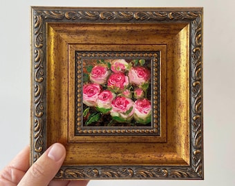 Mini cuadro al óleo de rosas: Flores rosas y blancas, marco dorado, 4x4