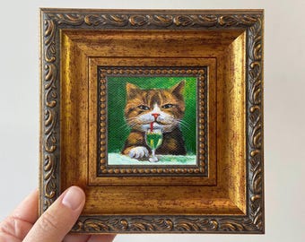 ミニチュア油絵｜額装されたオリジナルで楽しい猫のアート作品｜ユニークな新築祝いの贈り物