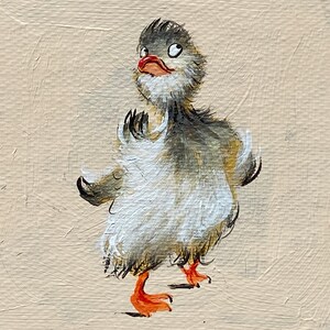 May include: A whimsical painting of a baby duckling with gray, white, and orange details. The duckling has a surprised expression, with its wings slightly raised and orange feet. The background is a solid beige color.
