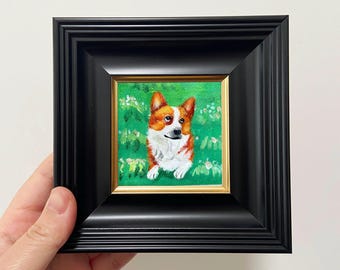 Handgemaltes Ölgemälde eines Corgis im Goldrahmen