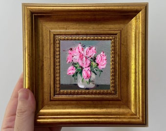 Small Textured Oil Painting - Pink Tulip Flower Artwork - Framed Decoration