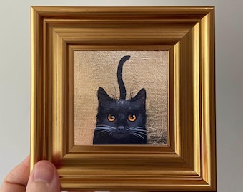 Framed Gold Leaf Painting - Unique Black Cat Miniature Oil Artwork for Home Decor