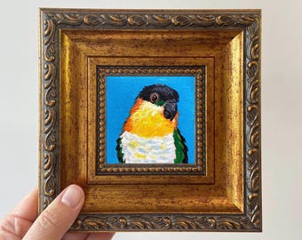 Cuadro al óleo de un loro en miniatura: Arte animal enmarcado, listo para colgar, decoración de pared para el hogar.