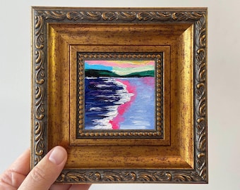 Framed Miniature Beach Oil Painting: Abstract Coastal Art, 4x4 Inch