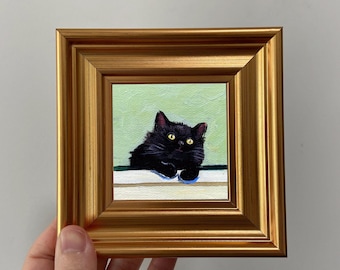 Framed Black Cat Miniature Oil Painting: Handcrafted 4x4 inch Art, Small Wall Decor