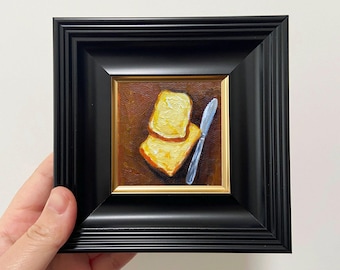 Mini-olieverfschilderij van beboterde toast - kleine muurdecoratie voor keuken en eetkamer