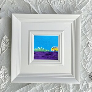 Mini-olieverfschilderij - dopamineblauw en paars, klein ingelijst kunstwerk, kleine kunst aan de muur, kattenliefhebber cadeau, origineel handgemaakt schilderij, bureauinrichting