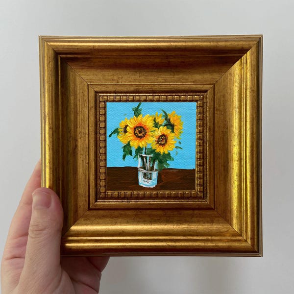 Sunflower Oil Painting | Small Floral Art in Gold Frame
