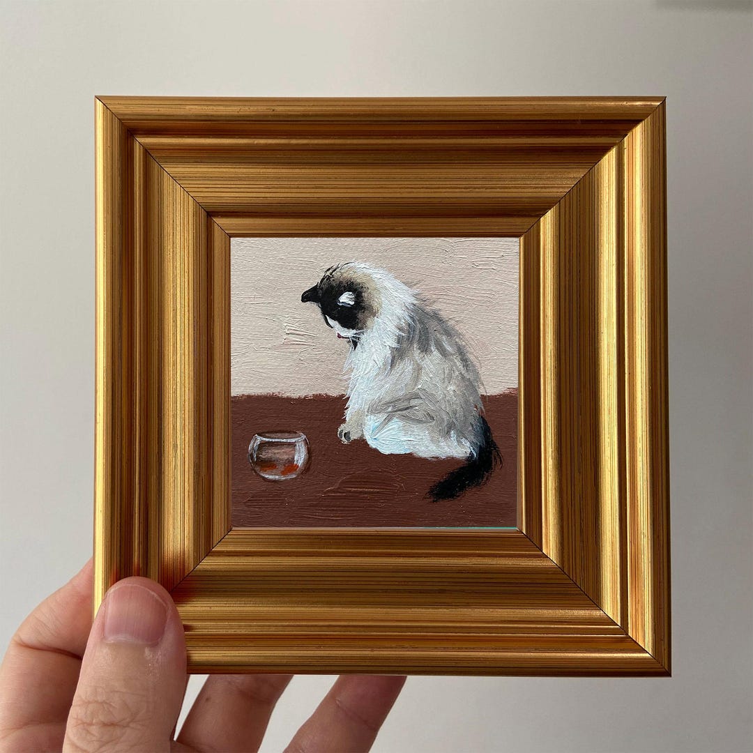 Framed Whimsical Cat Art: Miniature Oil Painting in Gold Frame - Etsy