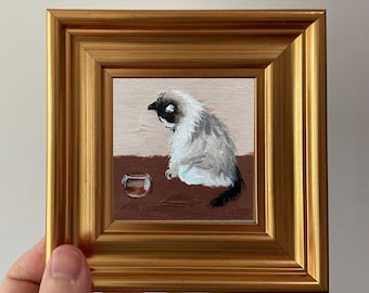 Framed Whimsical Cat Art: Miniature Oil Painting in Gold Frame