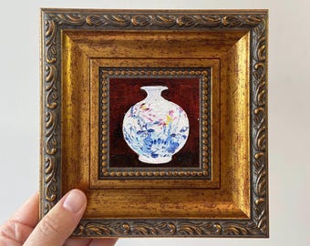 額装されたミニチュア油絵：4×4インチのゴールドフレーム、小さな壁掛けアート、キッチン装飾