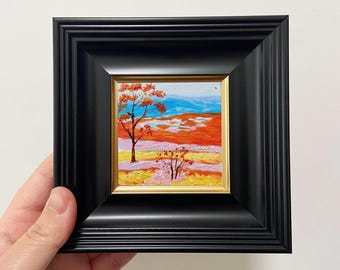 ミニチュアオレンジ風景油絵：4x4の額入りアート