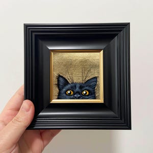 Small Wall Decoration Gift - Hand-Painted Black Cat Artwork with Gold Leaf Frame Black 2（5.6x5.6 in)
