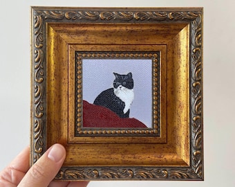 Inramad miniatyr kattoljemålning — Unik väggdekoration med katttema