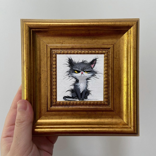 Miniature Oil Painting | Grumpy Cat in Gold Frame