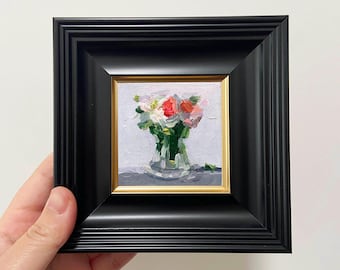 Framed Pink Floral Oil Painting: Miniature Still Life Art, 4x4 Inch