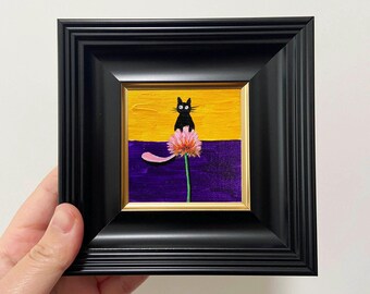 Miniature Kitten Oil Painting in White Frame: 4x4" Original Cat Art, Small Wall Decor