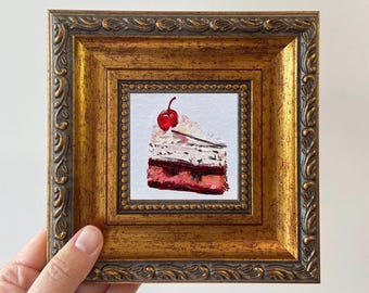 Framed Cherry Cake Oil Painting: Miniature Kitchen Wall Art,  dinning room art