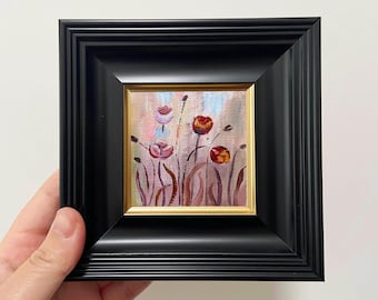 Miniature Pink Flowers Oil Painting: Framed Original Handmade Art