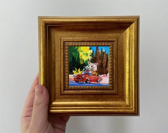 Mini Oil Painting: Whimsical Cat Art in Gold Frame