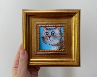 Peinture à l'huile mini chat : portrait d'animal de compagnie amusant dans cadre doré, petite décoration murale