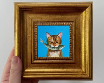 Hand-Painted Miniature Cat Oil Painting | Gold Frame, Pet Art