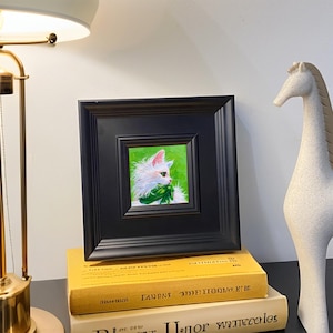 Handmade Framed Cat Oil Painting - Charming Tabletop Decor for Cat Lovers, Small Green Artwork