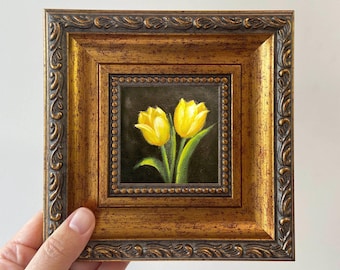 Miniature Oil Painting of Yellow Tulip | Framed Floral Wall Art | Botanical Decoration