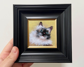Framed Miniature Cat Oil Painting: Whimsical Wall Art (4x4 inch)