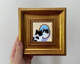 Miniature Cat Oil Painting: Whimsical Framed Artwork, Gift for Cat Lovers, Small wall decor
