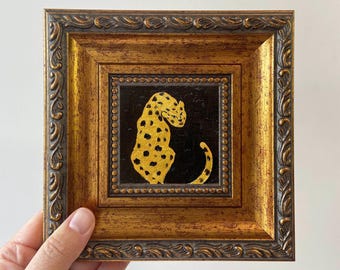 Miniature Golden Leopard Oil Painting: Framed Wildlife Art, 4x4"