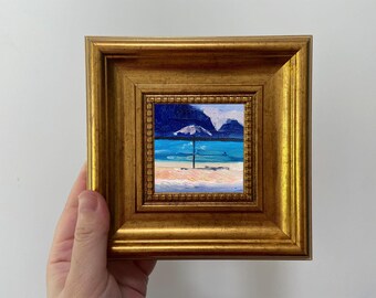 Framed Miniature Beach Oil Painting: Coastal Desktop Art (4x4 inch Canvas, 6.5x6.5 inch Frame)