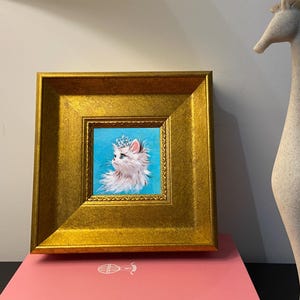 Tiny Cat Artwork with Regal Crown: Original Handmade Painting for Cat Lovers, Wall or Table Decor,framed artwork,Mini Oil Painting