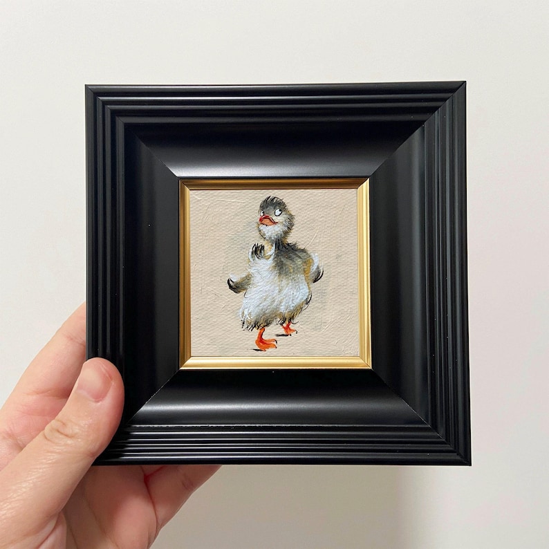 Hand-Painted Duck Art | Miniature Oil Painting in Gold Frame Black 2（5.6x5.6 in)